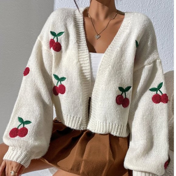 Sweaters - Cherry Embroidery Lantern Sleeve Cardigan